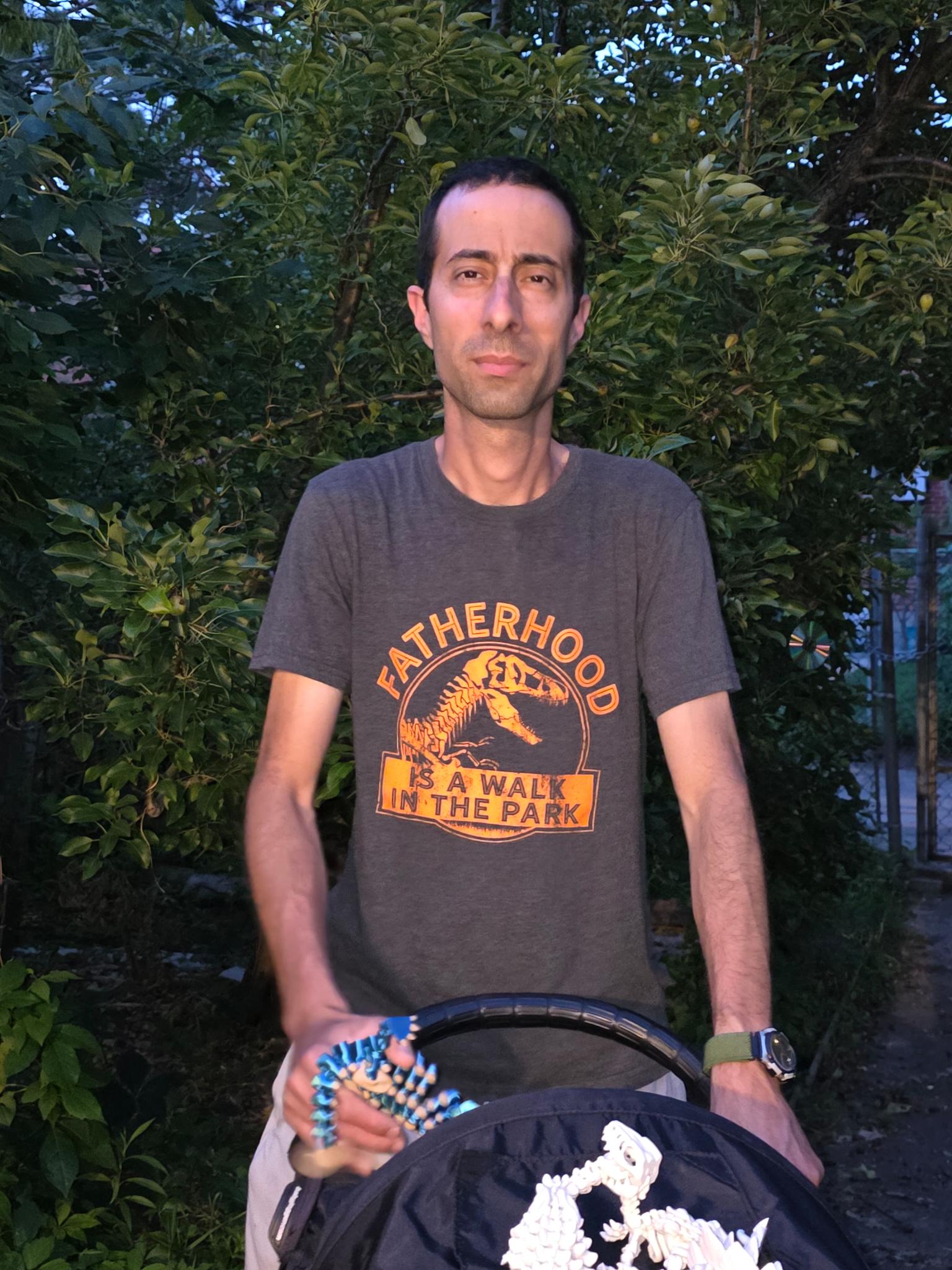 Nicola, your candidate, weating a shirt that says 'Fatherhood, a walk in the park', with a drawing of a T-Rex, pushing a stroller